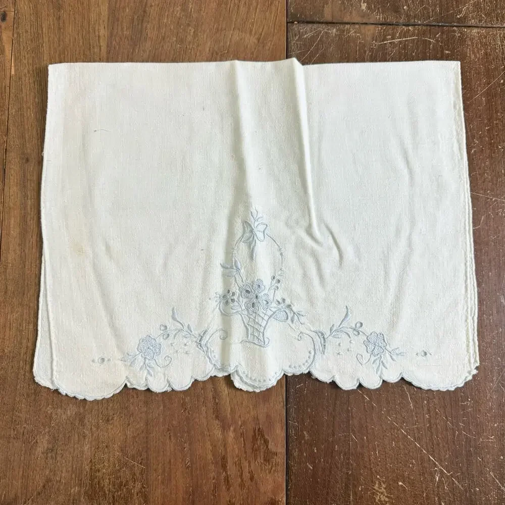 Vintage Blue hand embroidered basket design tea hand towel dainty cottagecore